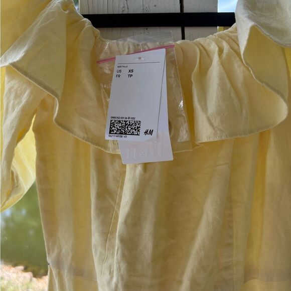 H&M Yellow Linen‎ Blend Off Shoulder Summer Sundress Mini Dress XS NWT - Picture 4 of 8